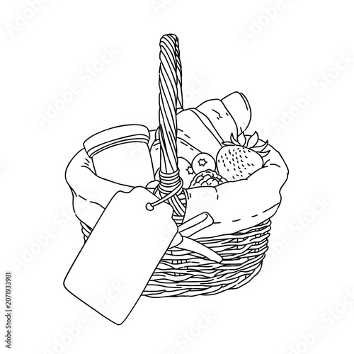 a gift basket with fruit and a tag on it line art drawing issolated on white. Food coloring page