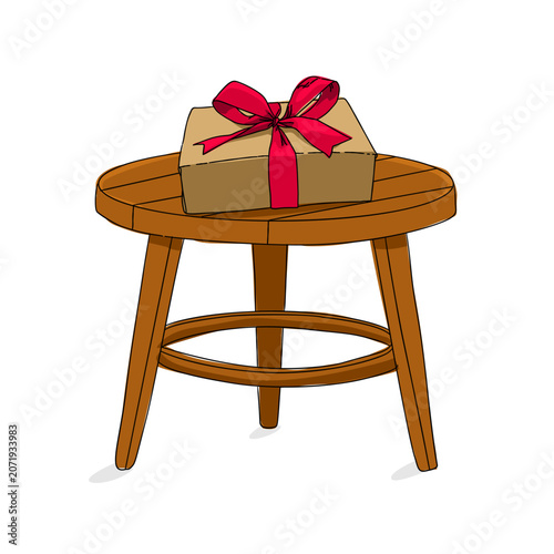 gift box with red ribbon on wooden table issolated on white. Birthday party element