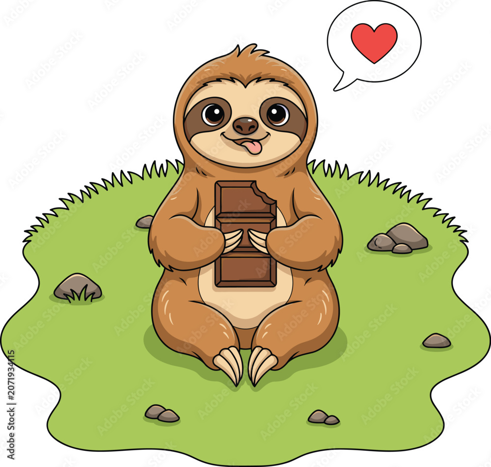 Fototapeta premium A cute cartoon sloth sitting on the grass while holding a bar of delicious chocolate with a love heart speech bubble