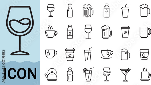 Fotografie Drink beverage icon set collection refreshment glass cup
