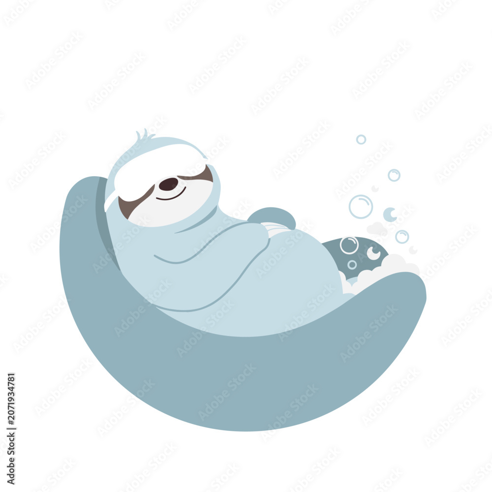 Fototapeta premium A cute cartoon sloth wearing an eye mask while relaxing in a bubble bath for international self care day