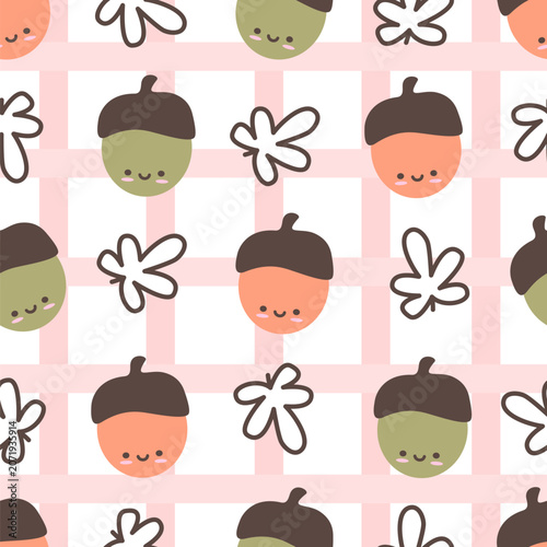 cute hand drawn autumn fall seasonal kawaii cartoon character acorn and leaves seamless vector pattern illustration on gingham pink background
