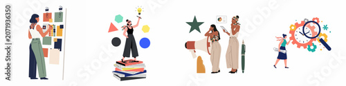 Photography Vector set showing professional women brainstorming, researching, analyzing data, and managing projects in a modern creative workspace