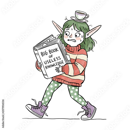 фотографія Stressed elf walking while holding big book of useless knowledge and cup on head