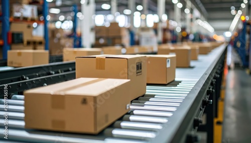 Cardboard boxes moving on warehouse conveyor belt system.