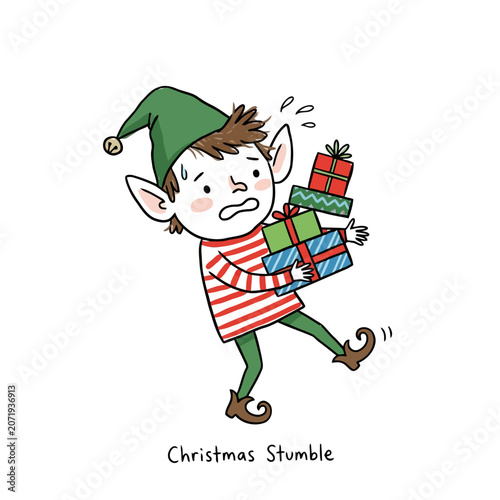 Obraz na plátně Stressed elf holding stack of presents, christmas stumble illustration
