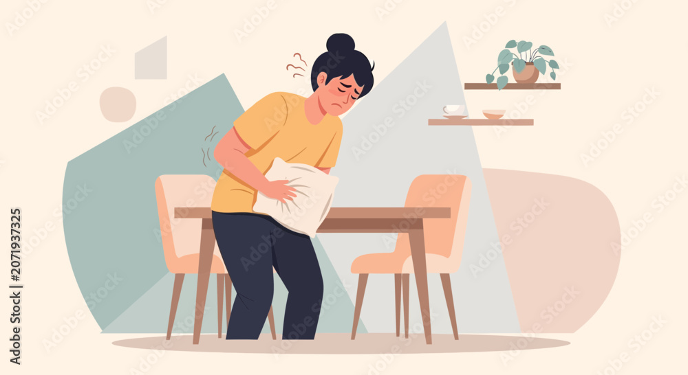 Fototapeta premium Woman Experiencing Abdominal Pain And Discomfort, Illustrated In A Modern Interior