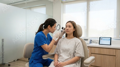 A professional female dermatologist uses a handheld dermatoscope to examine a patient skin closely.