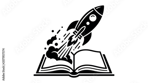 Tableau sur toile Igniting Imagination: A stylized rocket launches from an open book, symbolizing the power of knowledge and the boundless possibilities of discovery and learning