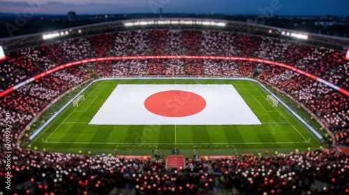 A massive flag of Japan displayed in the center of a crowded soccer stadium during a night match.