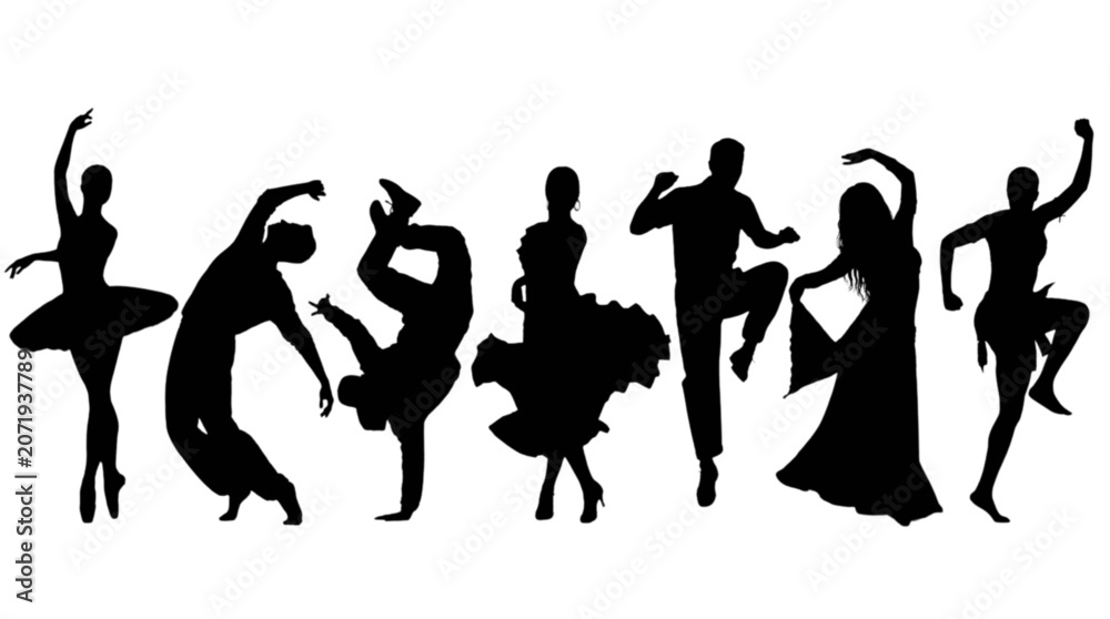 Fototapeta premium Silhouettes of dancers performing in a line isolated on transparent background, Vector