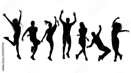 Fényképezés Group of people joyfully dancing in mid-air silhouette style isolated on transpa
