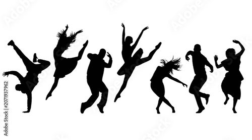 Vászonkép Silhouette of people dancing joyfully in mid-air isolated on transparent backgro