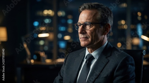 A mature businessman in a sharp dark suit and glasses sits thoughtfully inside a modern night.