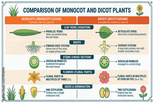 Monocot and dicot educational poster illustrating key botanical features for plant identification