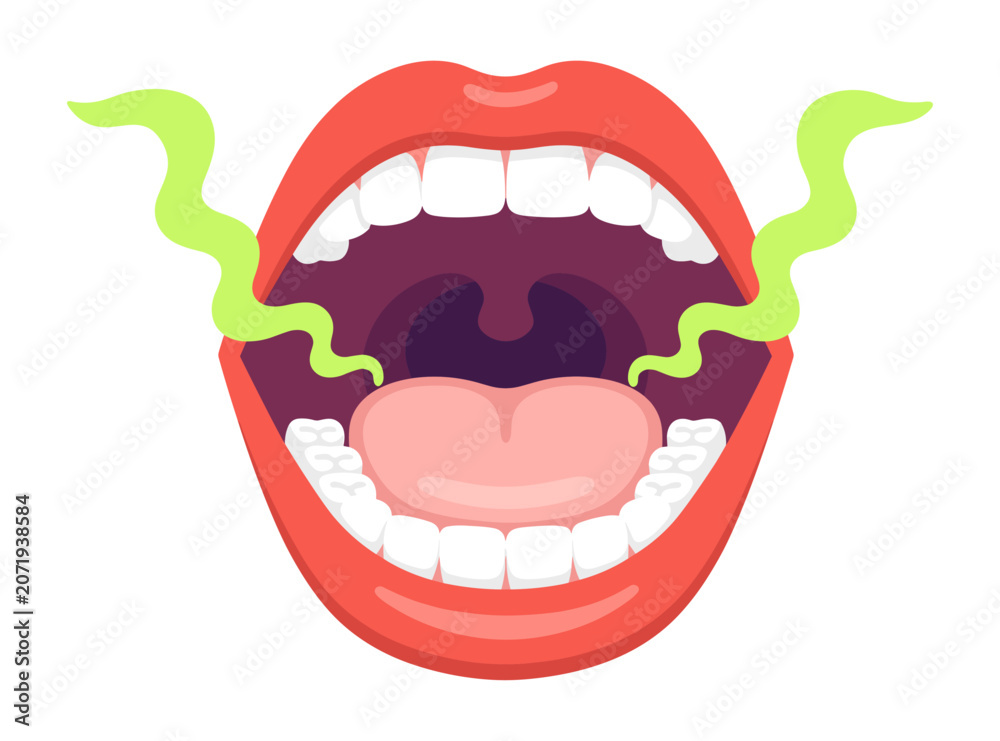 Obraz premium Open mouth with bad breath green cloud and white tooth