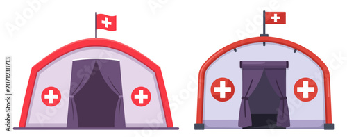 Medical tent set with red cross sign and flag