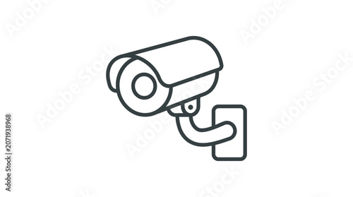 Photos Line drawing of a security camera mounted on a wall with a minimalist design and a neutral white background