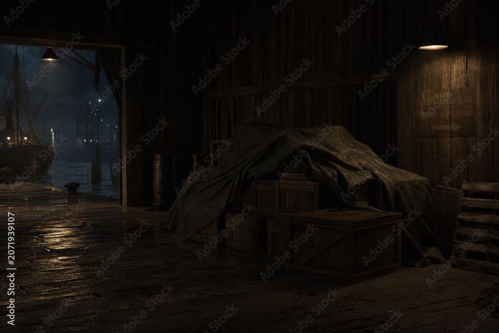 Fototapeta premium Dimly lit dock warehouse with wooden crates under a tarp.
