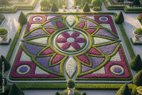 Aerial view of a geometric flower garden with contrasting colors in soft morning light.