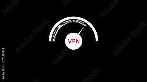 Animated speedometer sign with VPN icon. Indicator level icon. Risk level. Car speedometer cartoon animation on black background 4k motion video animation.