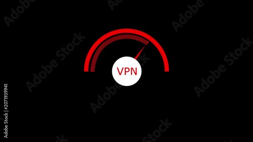 Animated speedometer sign with VPN icon. Indicator level icon. Risk level. Car speedometer cartoon animation on black background 4k motion video animation.
