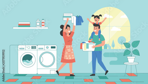 Happy young family doing laundry chores together in a modern laundry room equipped with washing machines and dryers.