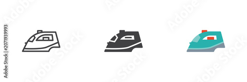 Electrical iron icon set shows clothes appliance in line, solid and flat colorful color vector icon, laundry service sign and symbol.