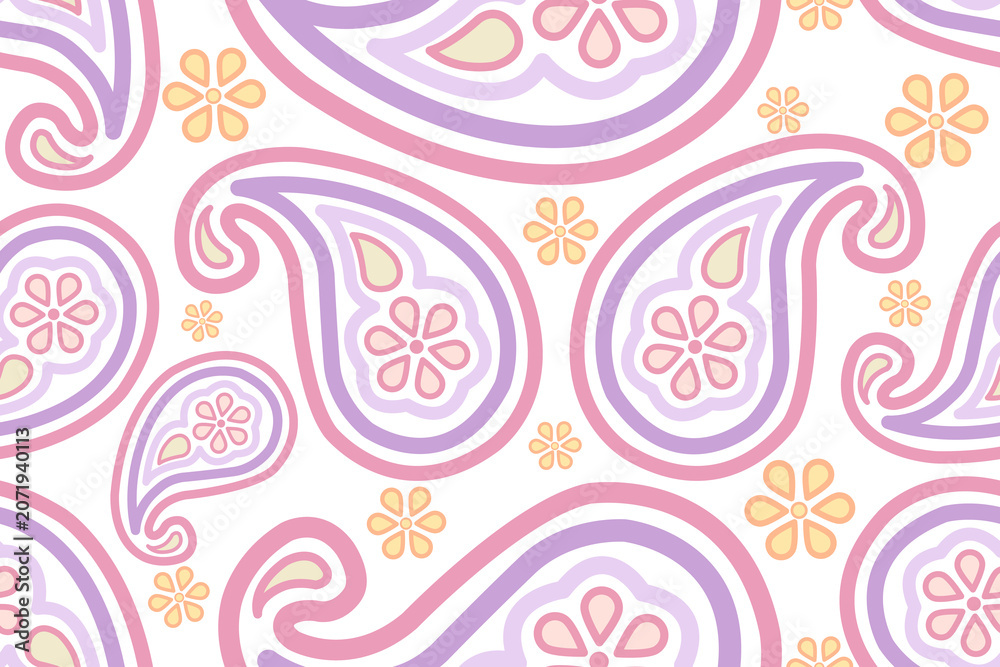 Fototapeta premium Charming seamless paisley vector pattern with a soft pastel palette on a clean white background. This elegant design features bold teardrop paisley motifs in pink and lavender purple.