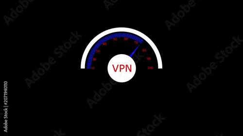 Animated speedometer sign with VPN icon. Indicator level icon. Risk level. Car speedometer cartoon animation on black background 4k motion video animation.