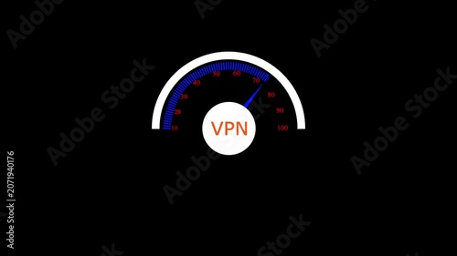 Animated speedometer sign with VPN icon. Indicator level icon. Risk level. Car speedometer cartoon animation on black background 4k motion video animation.