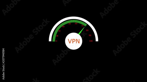 Animated speedometer sign with VPN icon. Indicator level icon. Risk level. Car speedometer cartoon animation on black background 4k motion video animation.