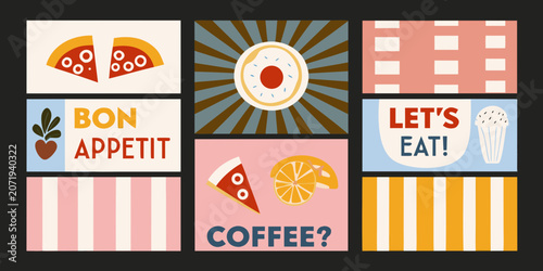 Fotografie Retro Culinary Illustration Set With Pizza Donut And Ice Cream Vector Graphics b