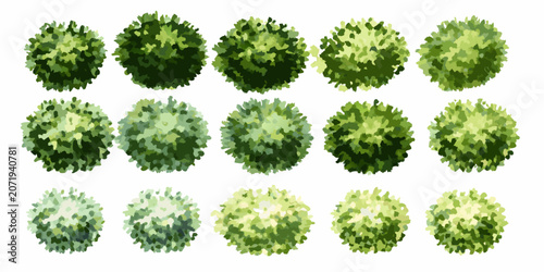 Konstfotografi Collection of circular tree crowns vector illustration with varying shades of gr