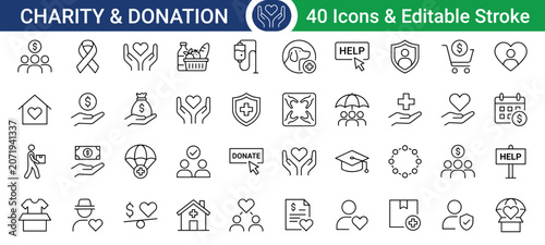 Charity and donation icons set with editable stroke, vector illustration