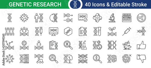 Genetic Research and DNA Science Line Icons Set Vector, vector illustration