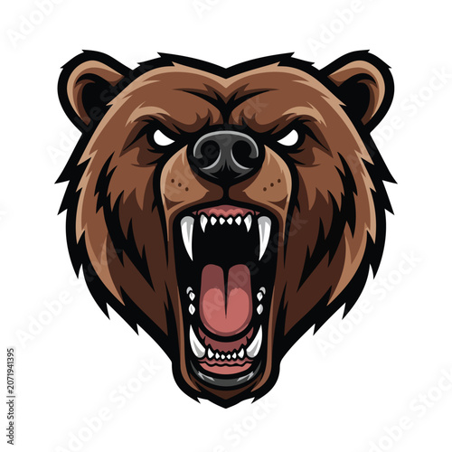 Roaring Bear Mascot Head Aggressive Sports Logo Flat Vector Illustration Set