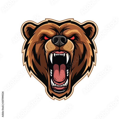 Roaring Bear Mascot Head Aggressive Sports Logo Flat Vector Illustration Set