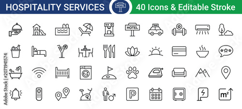 Hospitality services icons set with editable stroke, vector illustration