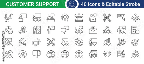 Customer support icons set with editable stroke, vector illustration