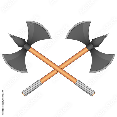 Two crossed axes isolated on white background. Axe emblem