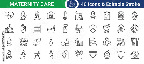 Maternity care icons set with editable stroke, vector illustration