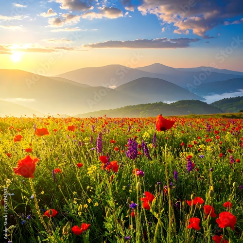 A serene field of vibrant flowers at sunset
