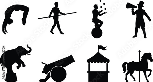 Fotografija Circus and vintage carnival entertainment vector icon set featuring silhouettes
