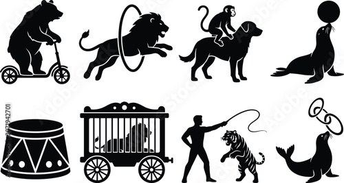 Obraz na plátně Circus trained animals vector icon set featuring silhouettes of performance lion