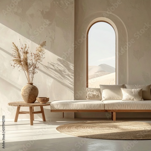 Sunlit desert interior with arched window view, textured plaster walls, linen sofa, rustic wooden table, dried pampas grass, warm earthy tones