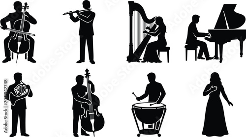 Quadro su tela Classical orchestra musicians silhouette icon set featuring cello flute harp pia
