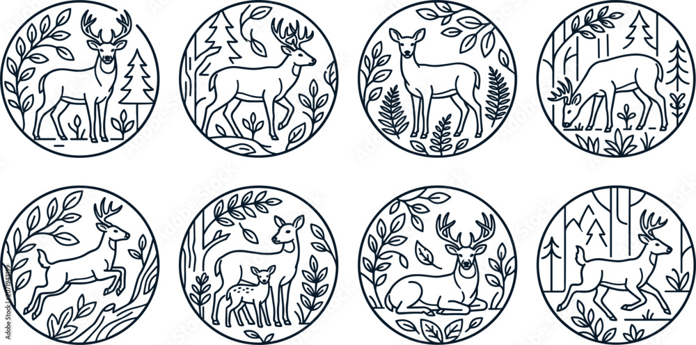 Naklejka premium Deer Nature Badges – Monoline Forest Animal Emblem Set