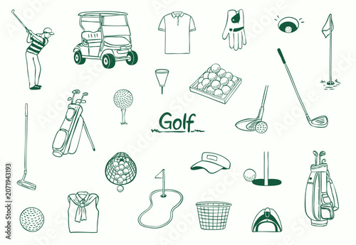 Billede på lærred golf club icon doodle hand drawn vector illustration collection set