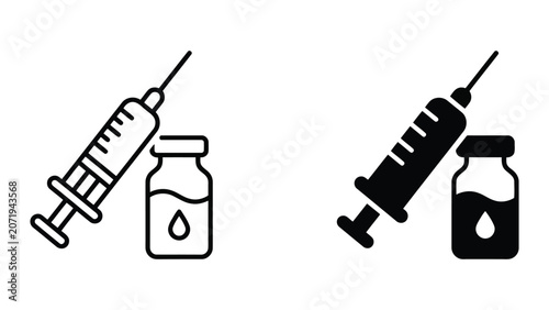 Medical vaccination injection icon set featuring syringe and medicine vial for immunization health care programs clinical treatment and pharmaceutical research concepts vector graphic assets
